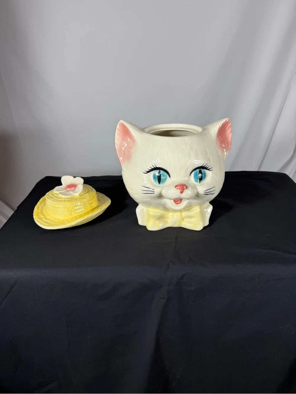 Vintage Metlox Style Cat Cookie Jar Yellow Hat Blue Eyes MCM 1960s Ceramic